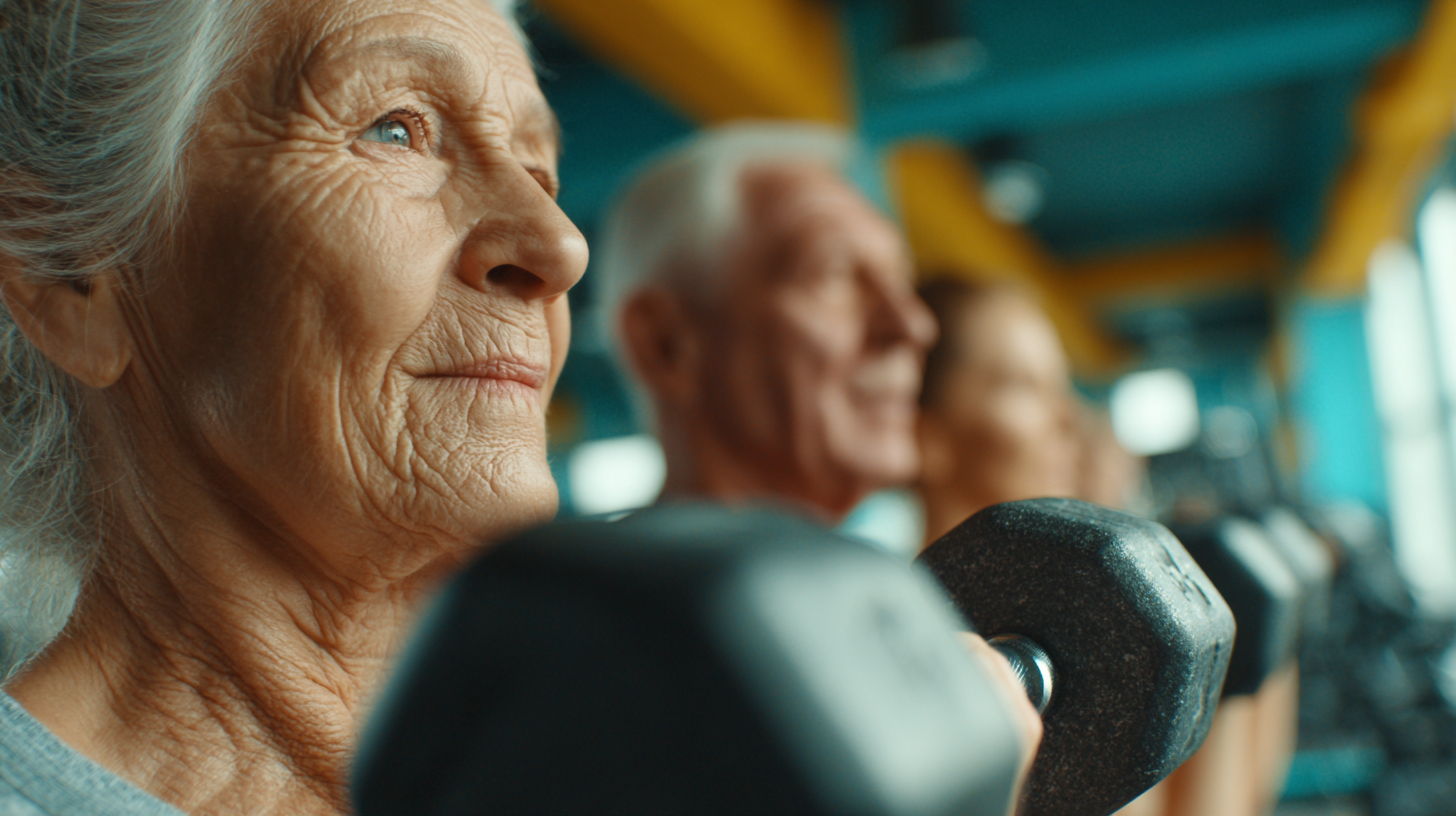 Група старших людей займається фітнесом у сучасному залі